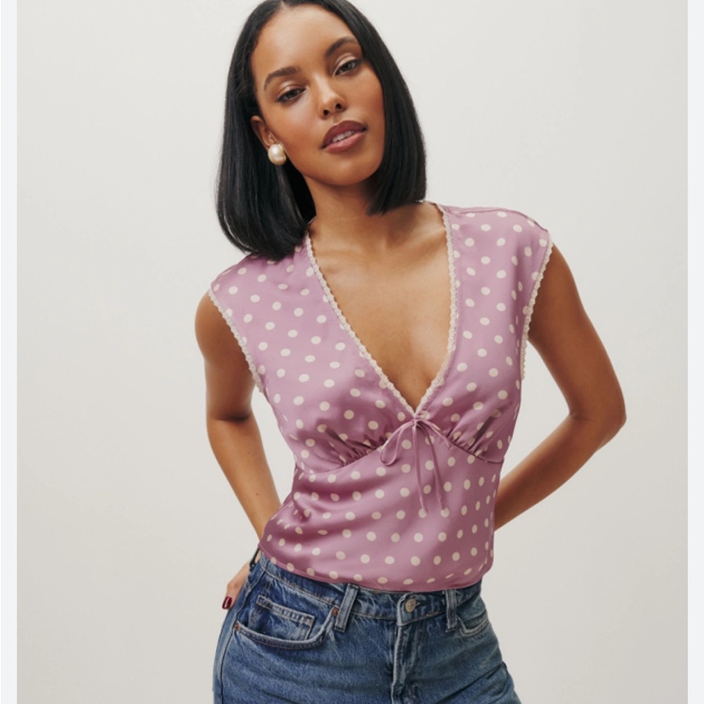 Reformation Cherry Silk Top purple pink Polka Dot Blouse size 4